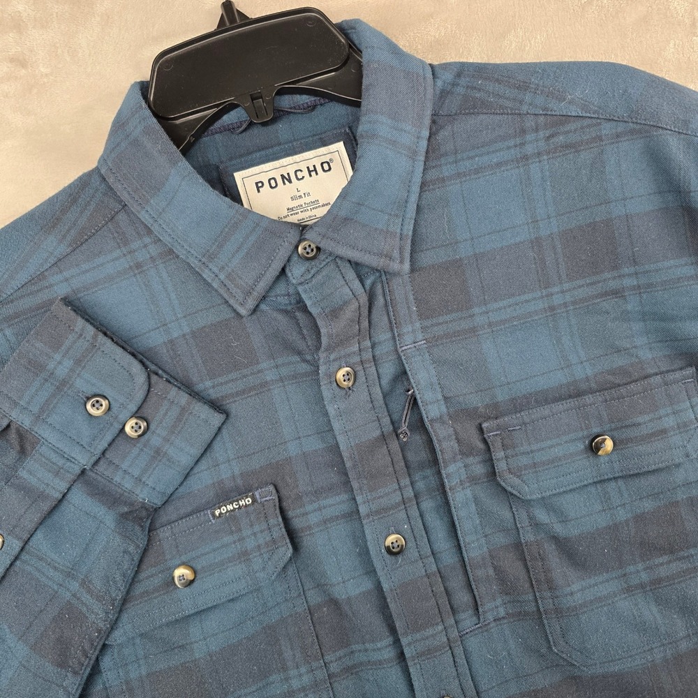 Poncho Button Down Flannel Shirt Mens Large Blue Plaid Slim Fit Magnetic Pockets